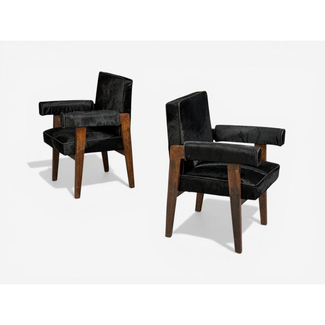 Pierre Jeanneret, French Mid-Century Modern,Advocate Lounge or Arm Chairs, Black Cowhide, Teak, Chandigarh, India, 1960s...