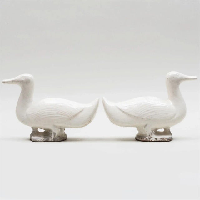 Pair antique 19th century Chinese blanc de Chine pottery figures of ducks. Probably originally used as roof tiles. Each...