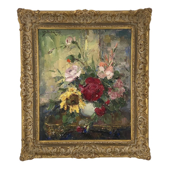 Wladimir Bitschkowsky, Colorful Floral Still Life with Roses, 1920s, Oil Painting on Canvas, Framed For Sale