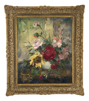 Wladimir Bitschkowsky, Colorful Floral Still Life with Roses, 1920s, Oil Painting on Canvas, Framed