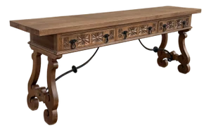 Spanish Rustic Carved Wood Console Table , Mid-20th Century