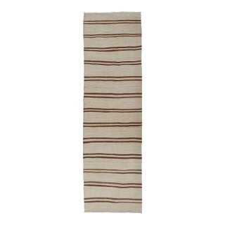 Mid 20th Century Minimalist Design Vintage Kilim Runner With Stripes in Brown and Ivory For Sale