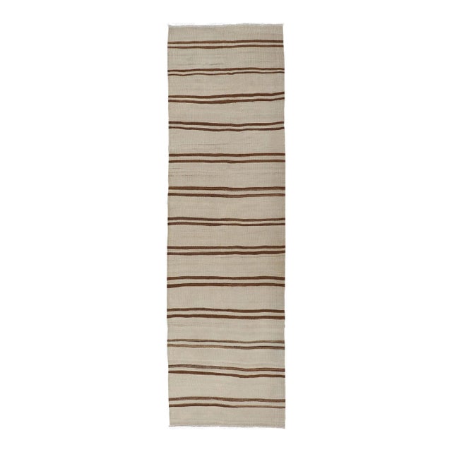 Mid 20th Century Minimalist Design Vintage Kilim Runner With Stripes in Brown and Ivory For Sale