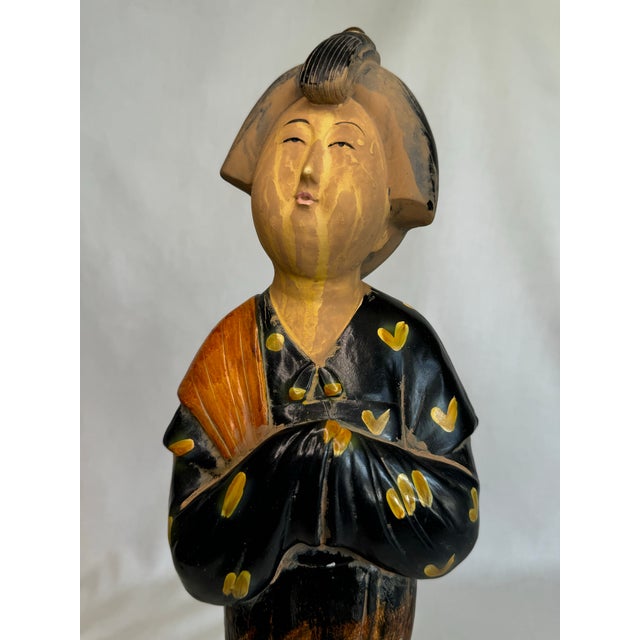 Plastic Vintage Asian Female Chinese Tang Dynasty Figurine in Black, Orange and Tan For Sale - Image 7 of 9