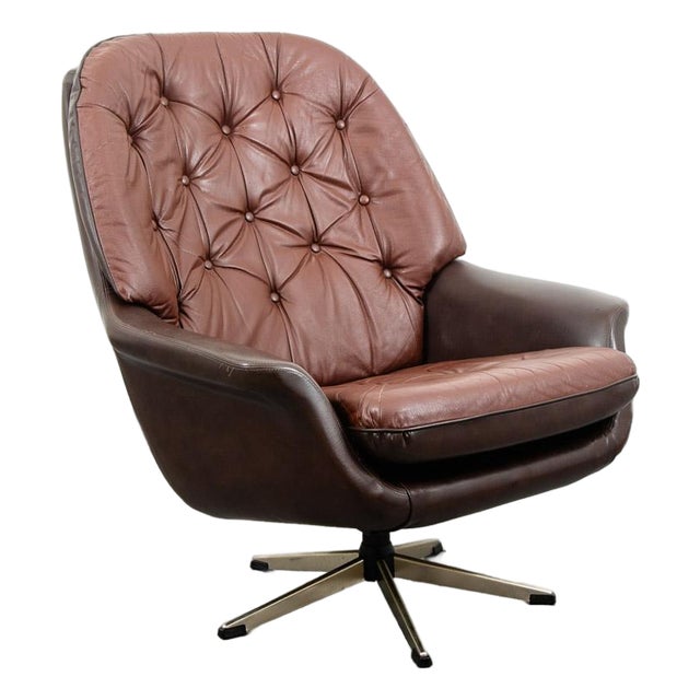 1960s Mid Century Danish Modern Lounge Chair Swivel Brown Leather Tufted Denmark MCM For Sale