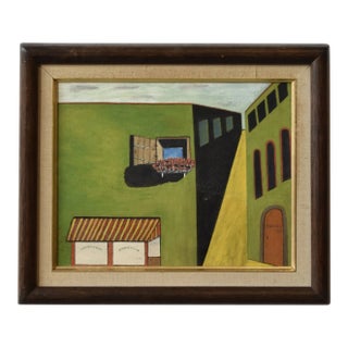 Vintage Vibrant Surrealist Streetscape on Board, Dated 1969 For Sale