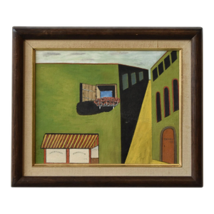 Vintage Vibrant Surrealist Streetscape on Board, Dated 1969