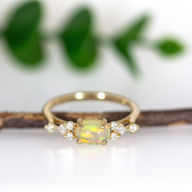 2020s East West Opal Ring W Earth Mined Diamonds in Solid 14k Yellow Gold | Oval 8x6mm For Sale - Image 5 of 18