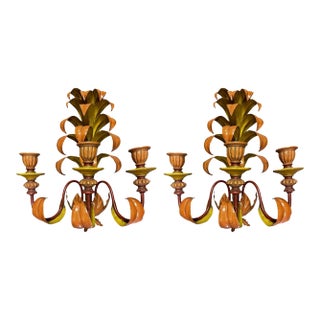 Large Hollywood Regency Italian Tole Metal & Wood Palm Frond Wall Sconces -Pair For Sale