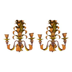 Large Hollywood Regency Italian Tole Metal & Wood Palm Frond Wall Sconces -Pair