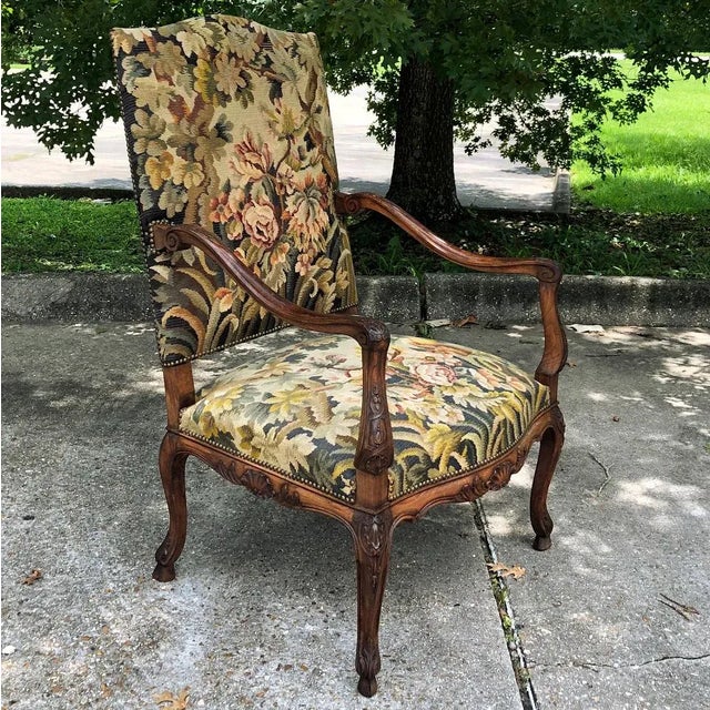 19th Century French Louis XV Fruitwood Fauteuil ~ Armchair With Floral Needlepoint For Sale - Image 4 of 15