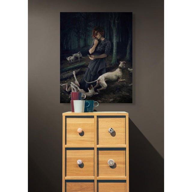 Figurative Delirium by Mary Carroll | Acrylic on panel Woman in a dark forest with dogs and a phone. For Sale - Image 3 of 5