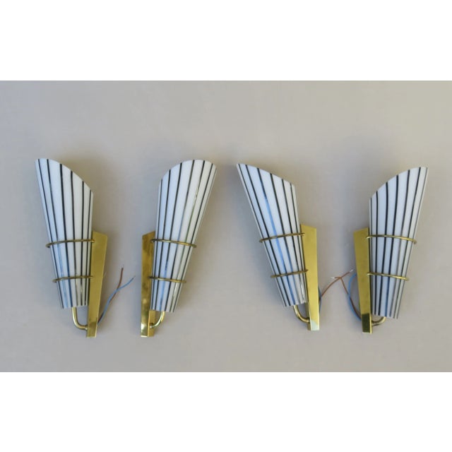 Italian Black and White Striped Enamel Glass and Brass Sconces, 1950s, Set of 4 For Sale - Image 4 of 18