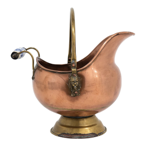Vintage Dutch Copper & Brass Coal Scuttle With Delft‑Style Handle & Lion Masks