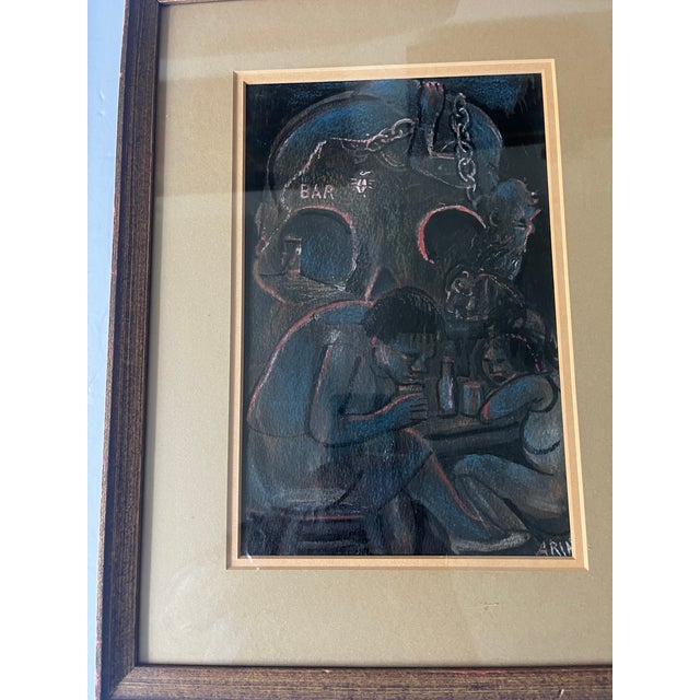 1970s Original Encaustic Oil Painting Intriguing Day of the Dead Skull Bar Scene For Sale - Image 4 of 6