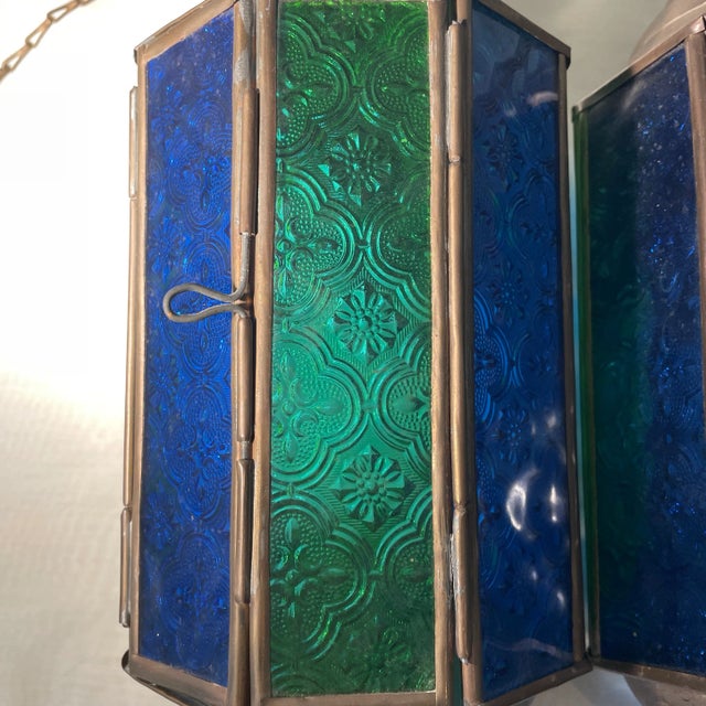 Traditional 1940s Vintage Stained Glass and Brass Church Pendant Light Fixtures a Pair For Sale - Image 3 of 12