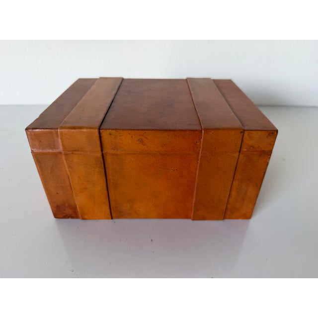 Vintage Brown Leather Decorative Box With Geometric Strap Detail For Sale In Miami - Image 6 of 12