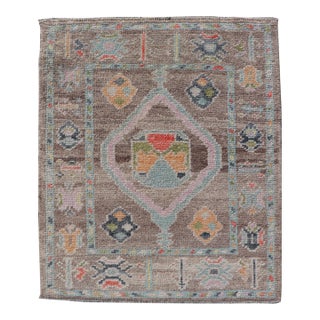 Small Turkish Oushak Rug With Soft Purple, Rose, Seafoam and Muted Pastel Accent For Sale