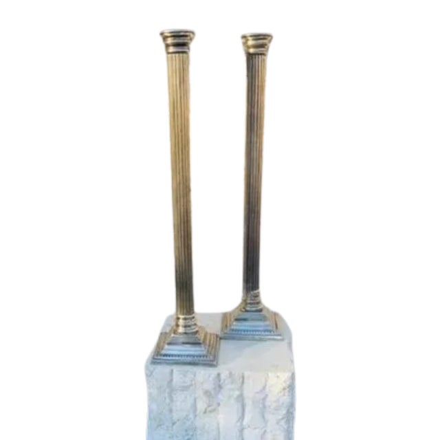 Hollywood Regency Late 20th Century ( Set of 2 ) Polished Silver-Plated Corinthian Pillar Candlesticks For Sale - Image 3 of 3