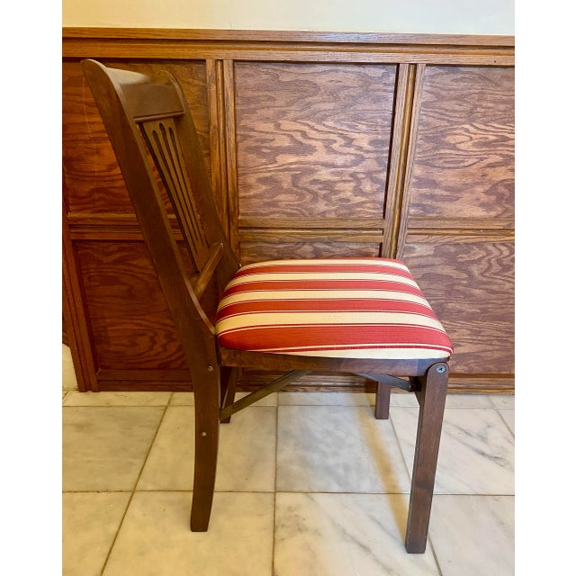 Vintage Stakmore 33" Wood Traditional American Folding Fold Upholstered Chair Striped Fabric For Sale - Image 4 of 6