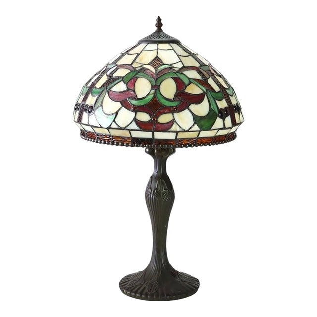 Vintage Leaded Stained Glass Table Lamp With Jewels Mid 20thC For Sale