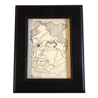 Original Vintage Wayne Cunningham Small Abstract Ink Drawing Leather Photo Frame For Sale