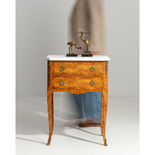 Tan French Chest Of Drawers With Marble Top For Sale - Image 8 of 12