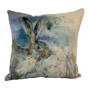 16" Square Decorative Toss Pillow Embellished With an Inquisitive Rabbit / Hare Hiding in the Grass - Made in the U K