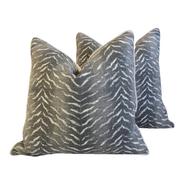 Charcoal Gray & Cream Animal Tiger Stripe Feather/Down Pillows 24" Square - Pair For Sale