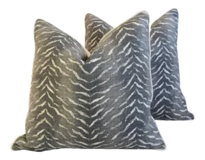 Charcoal Gray & Cream Animal Tiger Stripe Feather/Down Pillows 24" Square - Pair