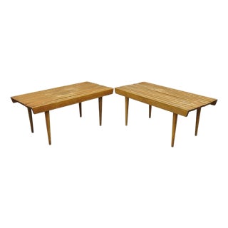 Vintage Mid Century Modern 36" Wood Slat Bench Coffee Table Side Table - A Pair For Sale
