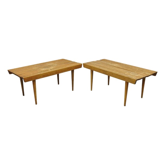 Vintage Mid Century Modern 36" Wood Slat Bench Coffee Table Side Table - A Pair For Sale