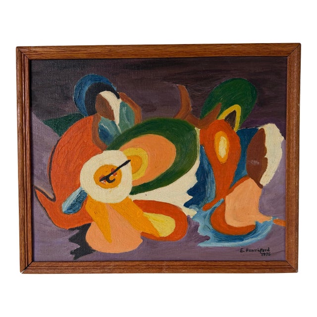 1975 Vintage E. Hanniferd Abstract Still Life Oil on Board Painting – Framed For Sale