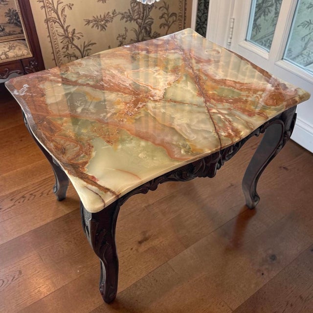 1970s 1970s Italian Vintage 4p Hand Carved Wood Onyx Top Coffee Table Side Accent Set For Sale - Image 5 of 15