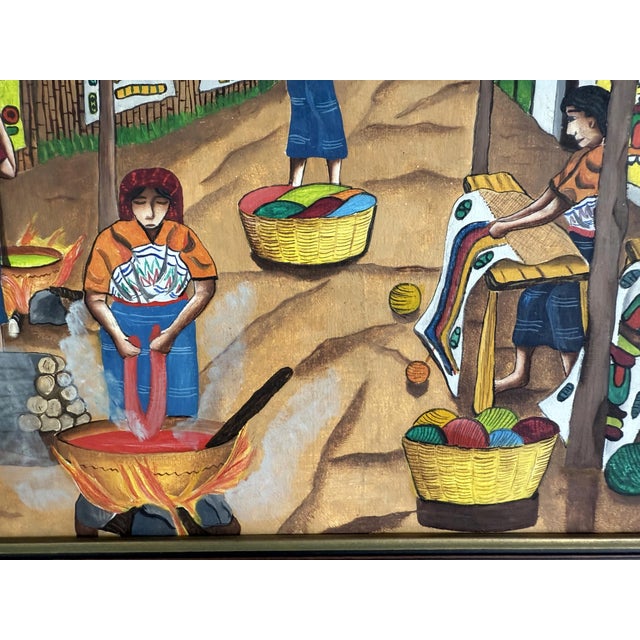 1970s Village Life Mayan Folk Painting by Pablo Noe Salazar Acrylic on Canvas Guatamala 1978 For Sale - Image 5 of 14
