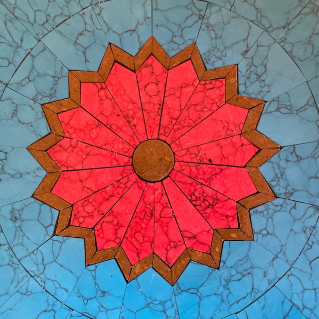 Turquoise and Red Magnesite mosaic bowl with a sunburst pattern and dark blue border. Ideal for display on a wall or...