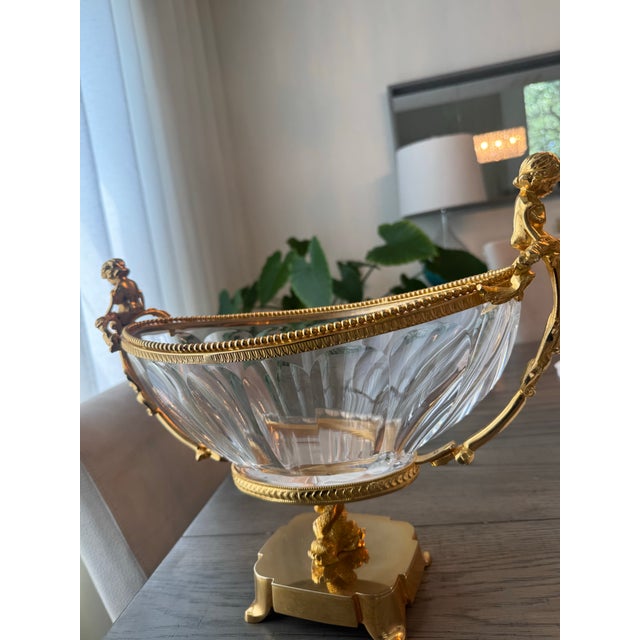 Mid 20th Century Signed “Martin Benito” French Empire-Style Gilt Bronze & Crystal Centerpiece Bowl – Cherub & Dolphin Motif For Sale - Image 5 of 9