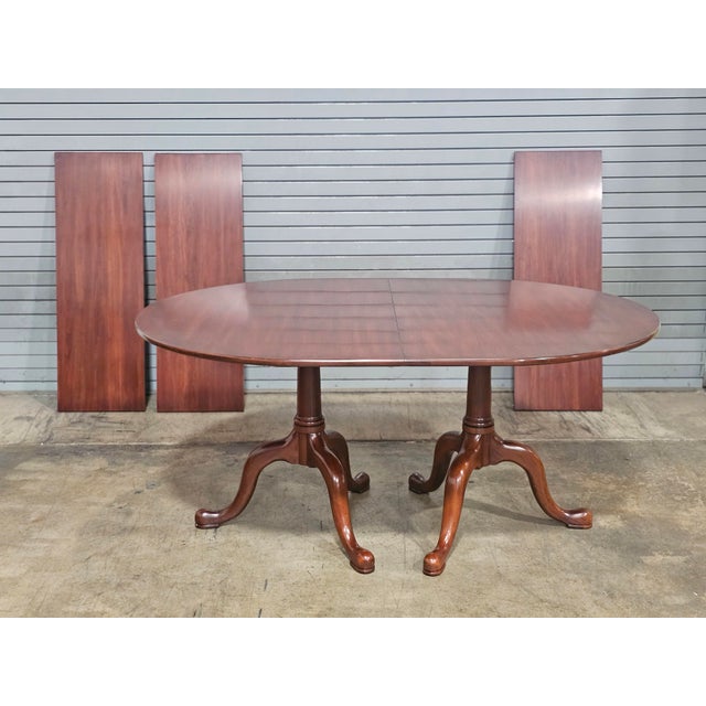 1990s Henkel Harris Wild Black Cherry Two Pedestal Dining Table 3 Leaves & Table Pads For Sale - Image 16 of 17
