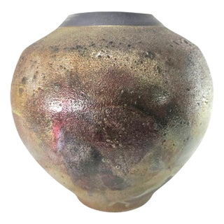 Vintage Raku Studio Pottery Vase – 9.25” Iridescent Glaze, Bulbous, Textural For Sale