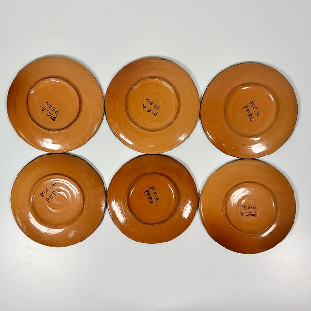 1950s Vintage Southwestern Folk Art Boho Chic Peruvian Terra Cotta Salad Plates - Set of 6. For Sale - Image 11 of 12
