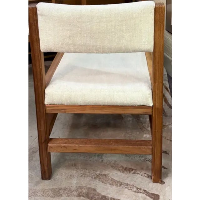 Mid Century Angular Wood Dining Chairs With Thick Linen Upholstery For Sale - Image 4 of 7