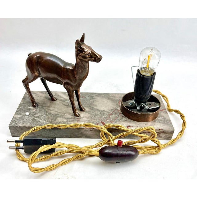 French Art Deco Table Lamp with Stylized Spelter Representation of a Deer, 1935 For Sale - Image 9 of 14