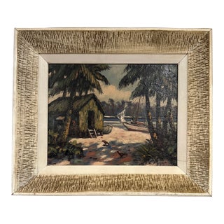 Vintage Mid-Century Signed Coastal Oil Painting With Palm Trees & Chickens For Sale