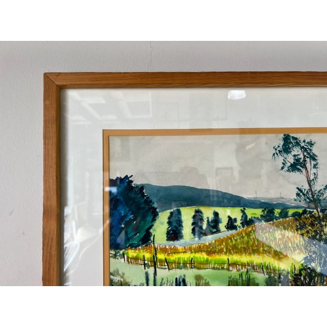Glass 70's Vintage Wieden Landscape - Farm Land Watercolor Painting, Framed For Sale - Image 7 of 13