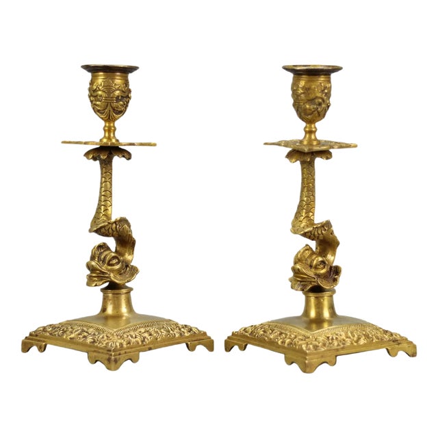 French Bronze Candlesticks with Dolphin Figures, Set of 2 For Sale