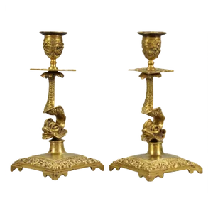 French Bronze Candlesticks with Dolphin Figures, Set of 2