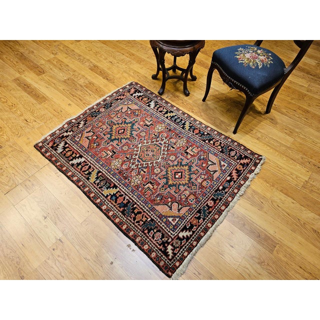 Persian Vintage Persian Heriz Karajah Rug, Hand-Knotted Wool, Geometric Pattern, Rust-Red & Navy, 4x5 For Sale - Image 3 of 18