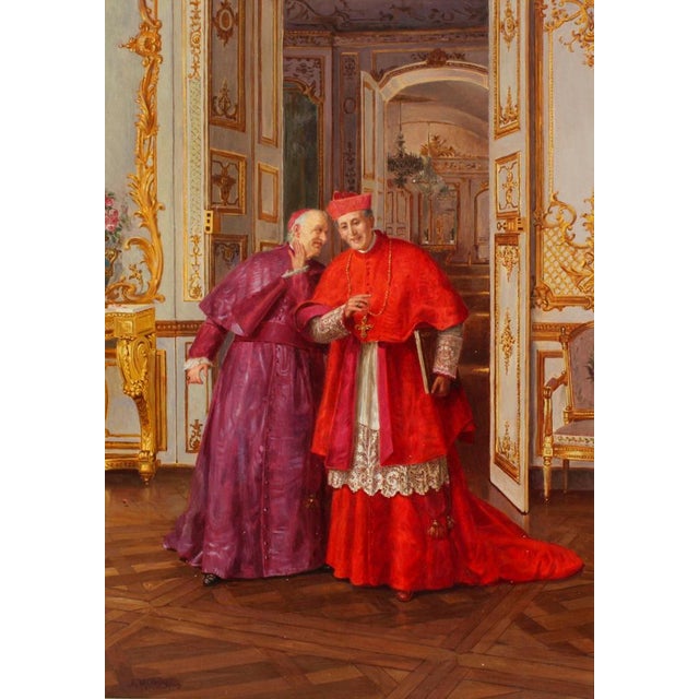 This is a magnificent antique Italian oil on canvas painting of a Cardinal titled "Confidences" signed and inscribed...