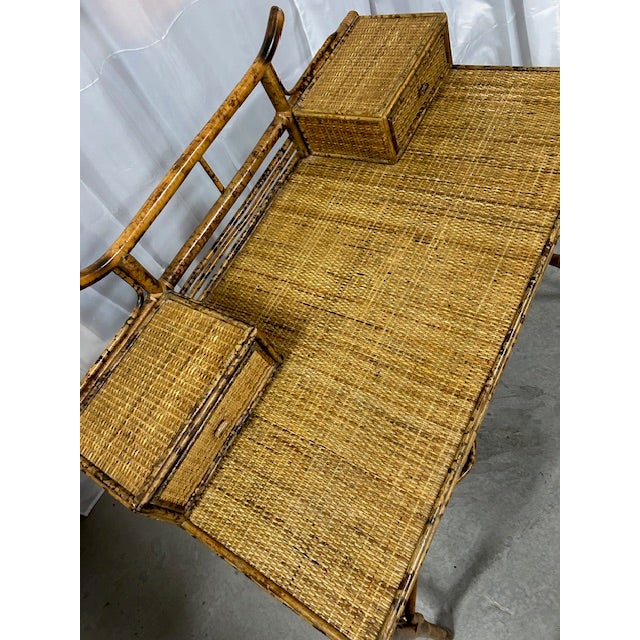 Late 20th Century Vintage Burnt Bamboo Rattan Pagoda Desk With Chair For Sale - Image 5 of 14