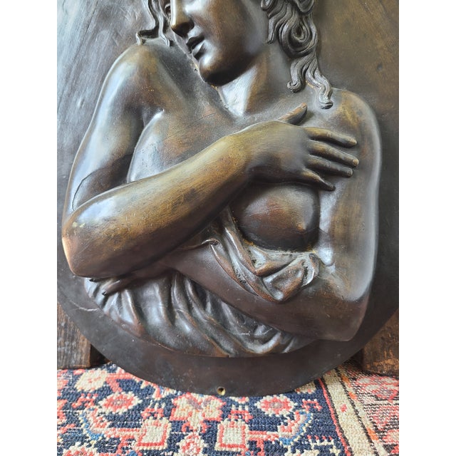 Metal Antique Oval Bronze Bas-Relief Wall Plaque Portrait of a Nude Maiden For Sale - Image 7 of 16